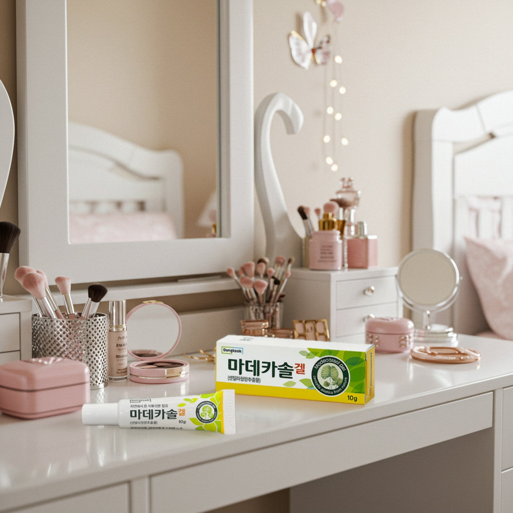 K-YAK.COM에서 판매하는  제품의 마데카솔 겔 10g 화장대위에 있는사진